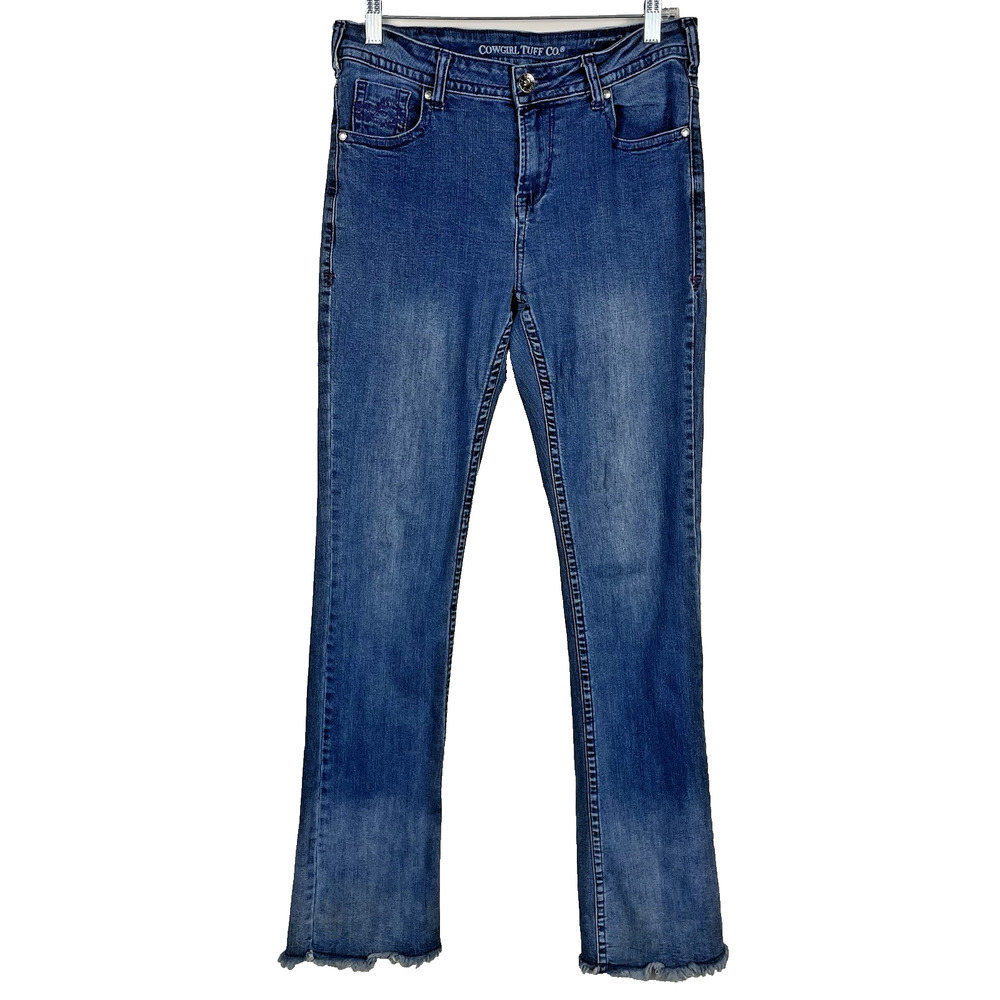 Cowgirl Tuff Co Bootcut Jeans Womens 30x35 Medium Wash Raw Hem Stretch Western
